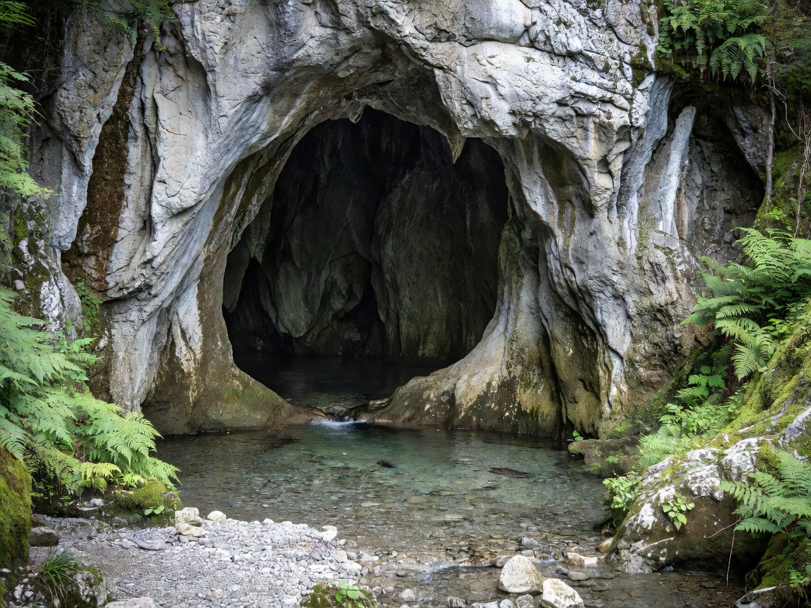 Arched limestone entrance and clear stream emergence at Kostanjevica Cave