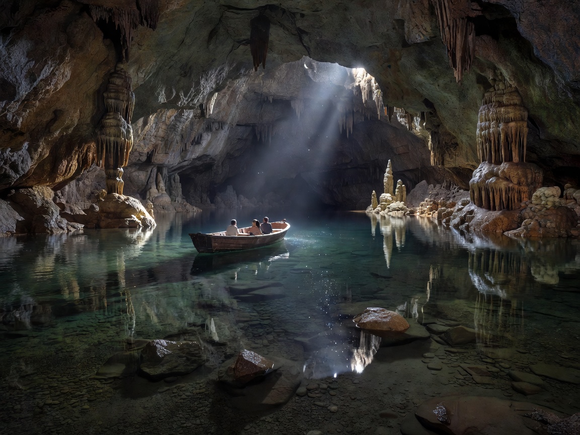 Boat moving silently across crystal-clear underground lake inside Križna Jama