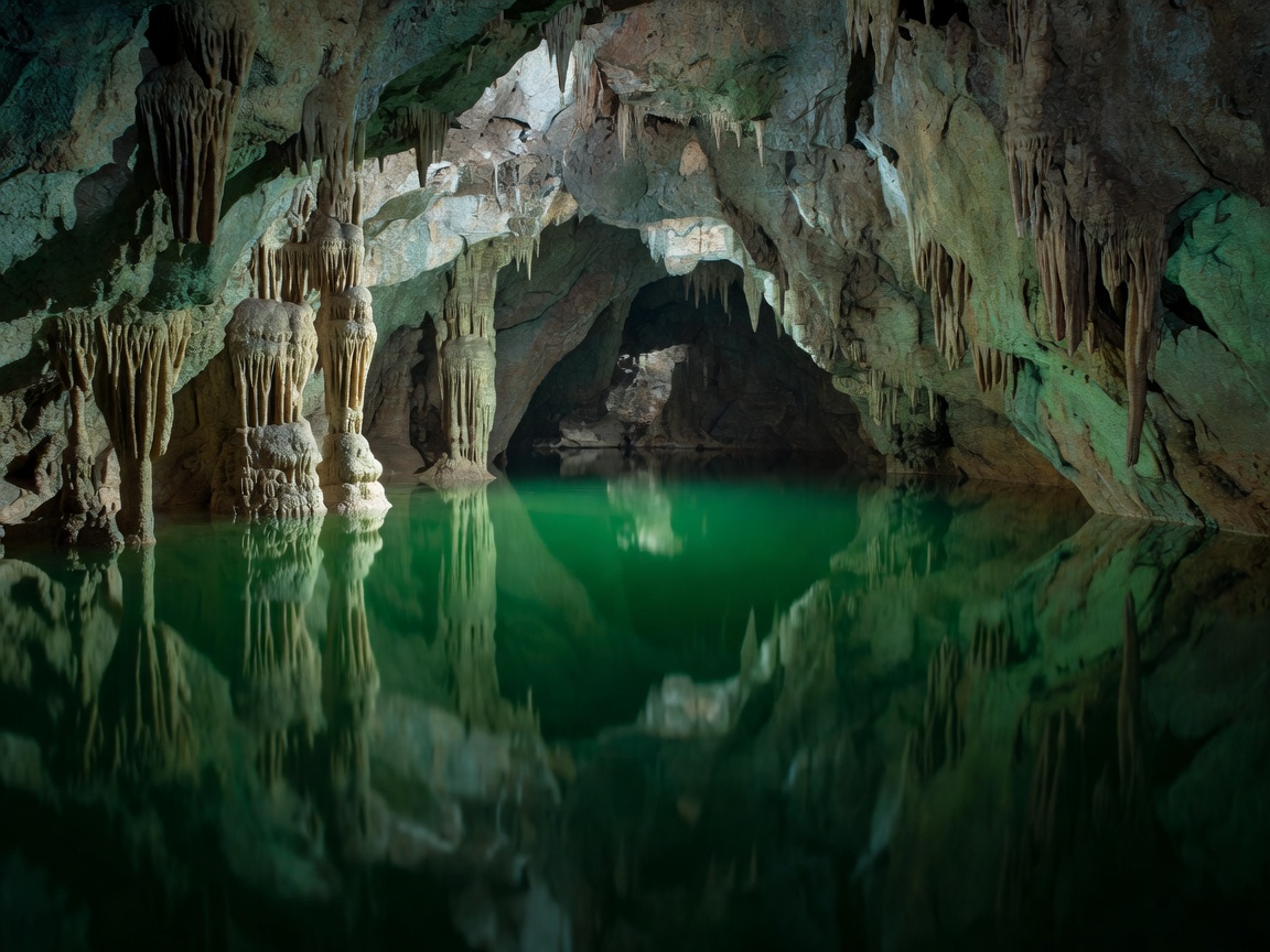 Calm emerald water barrier inside Križna Jama water cave