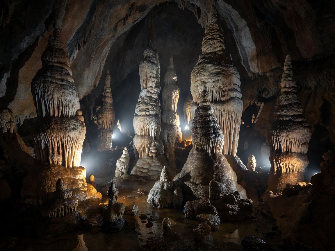 Massive illuminated stalagmites inside the Great Mountain hall of Postojna Cave