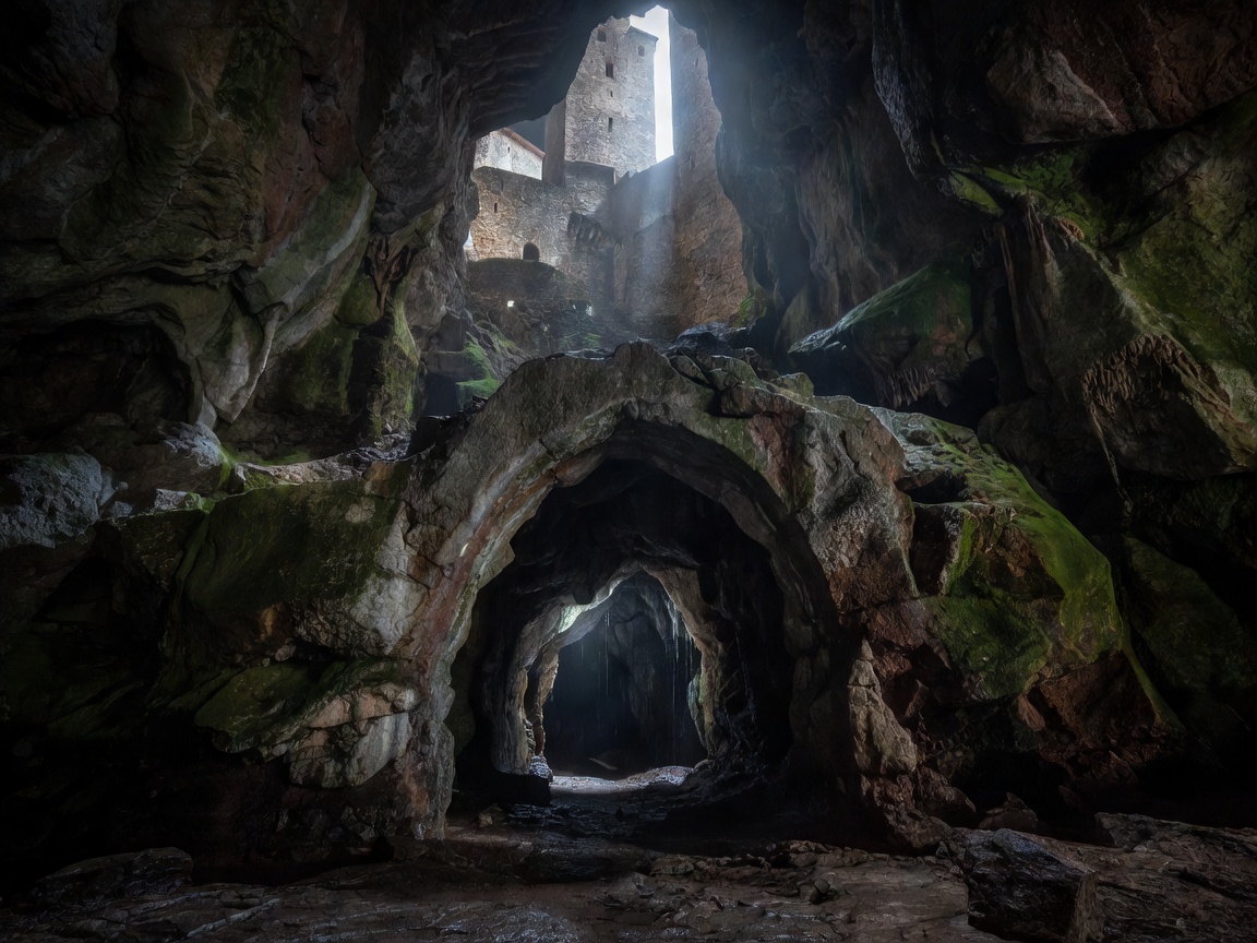 Subterranean cave portal situated directly underneath the historical Predjama castle