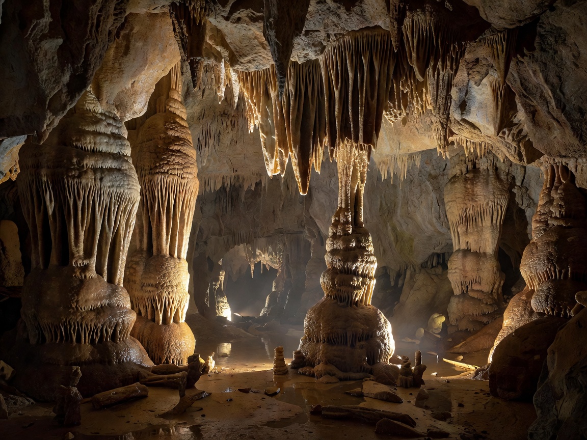 Vast stalactite formations inside Postojna Cave system in Slovenia