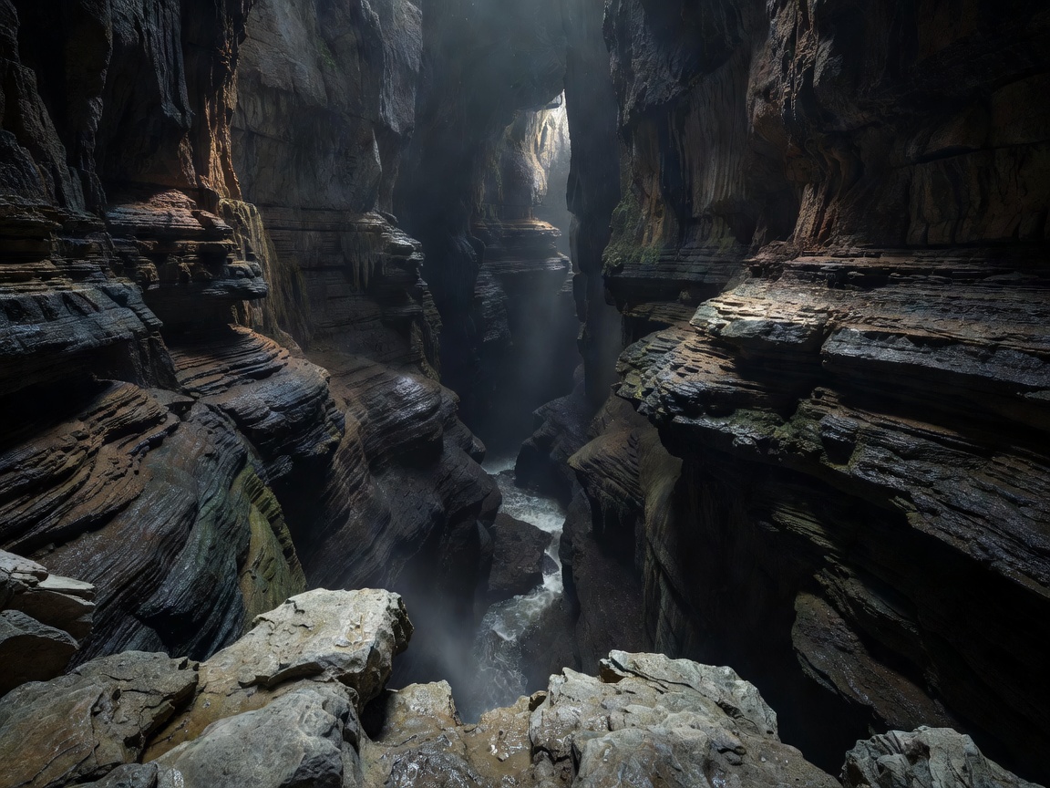View along the dizzying sheer drop of the underground canyon in Škocjan Caves